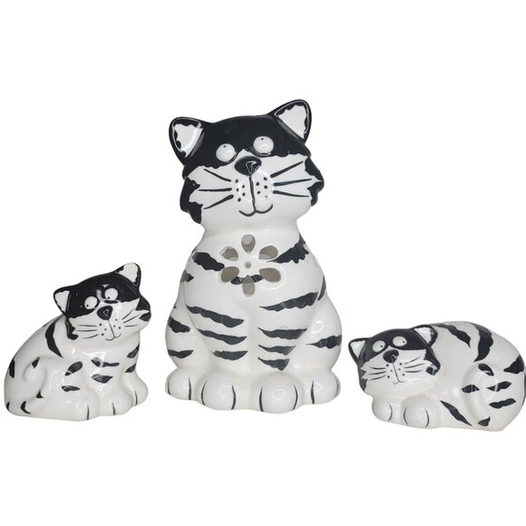 Set Of 3 Hand-Painted Ceramic Black & White Cat salt and pepper shaker/ caddy - Picture 5 of 7